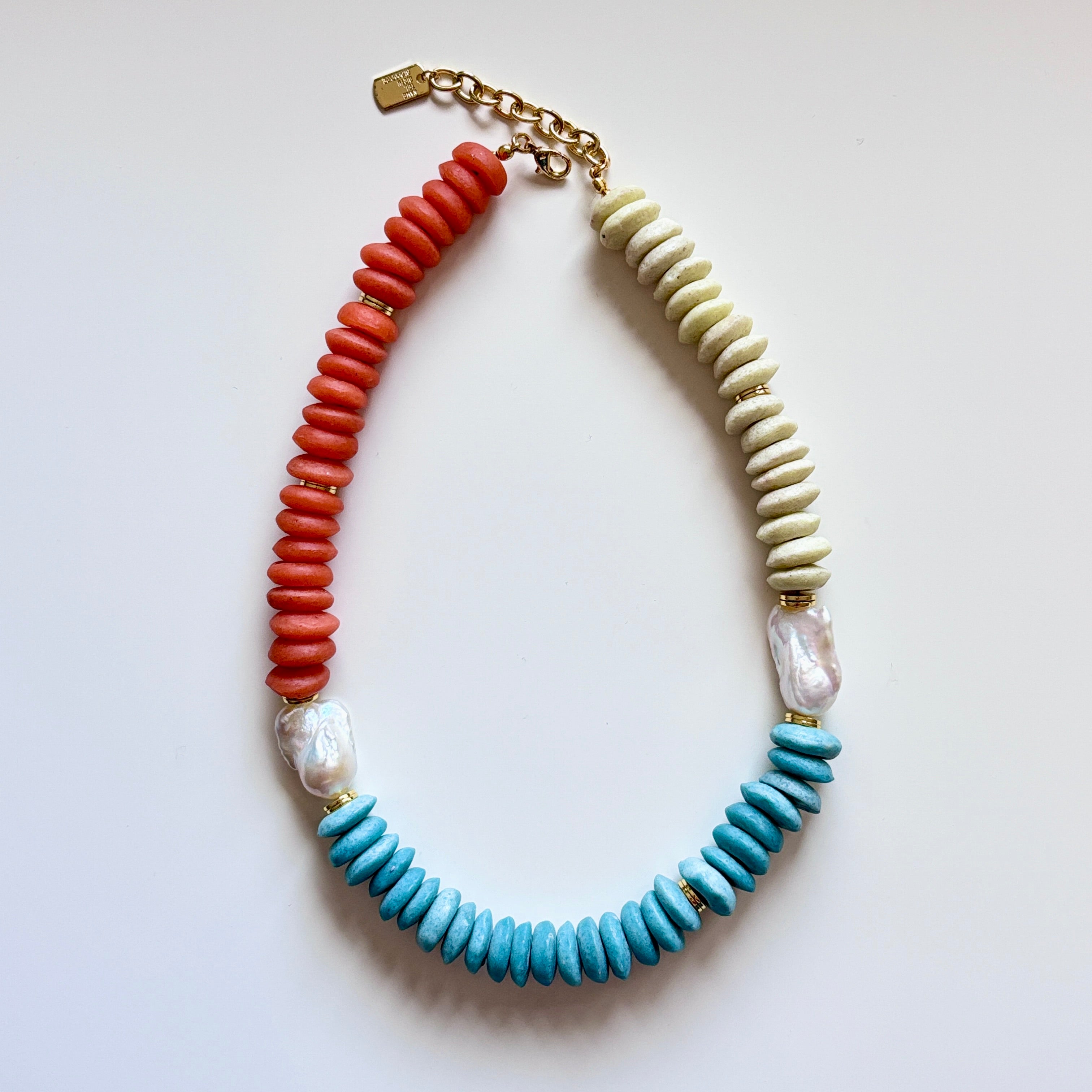 Glass Bead and Baroque Pearl Necklace – Handmade Color Block Statement Jewelry Gift for Her