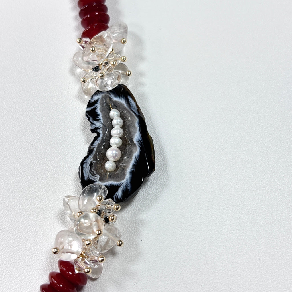 Agate, Crystal & Pearl Necklace – Handmade Natural Gemstone Statement Jewelry