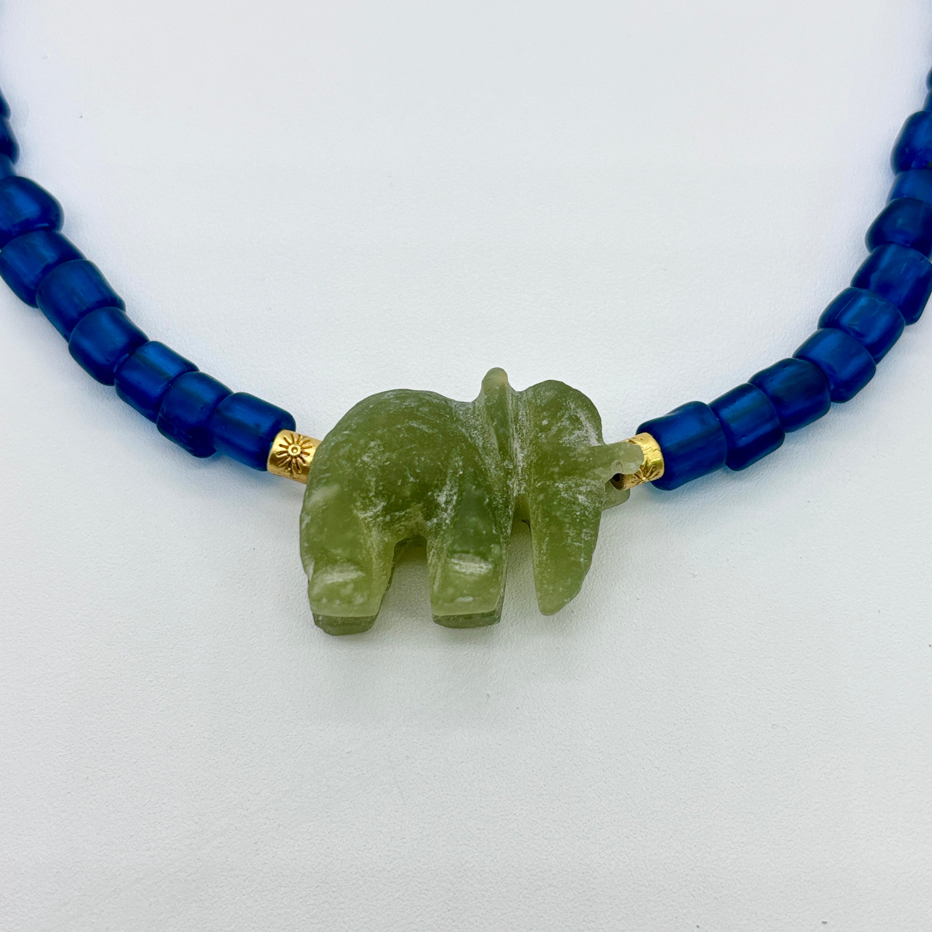 Blue Glass Bead Necklace with Natural Stone Elephant - Handmade Statement Jewelry