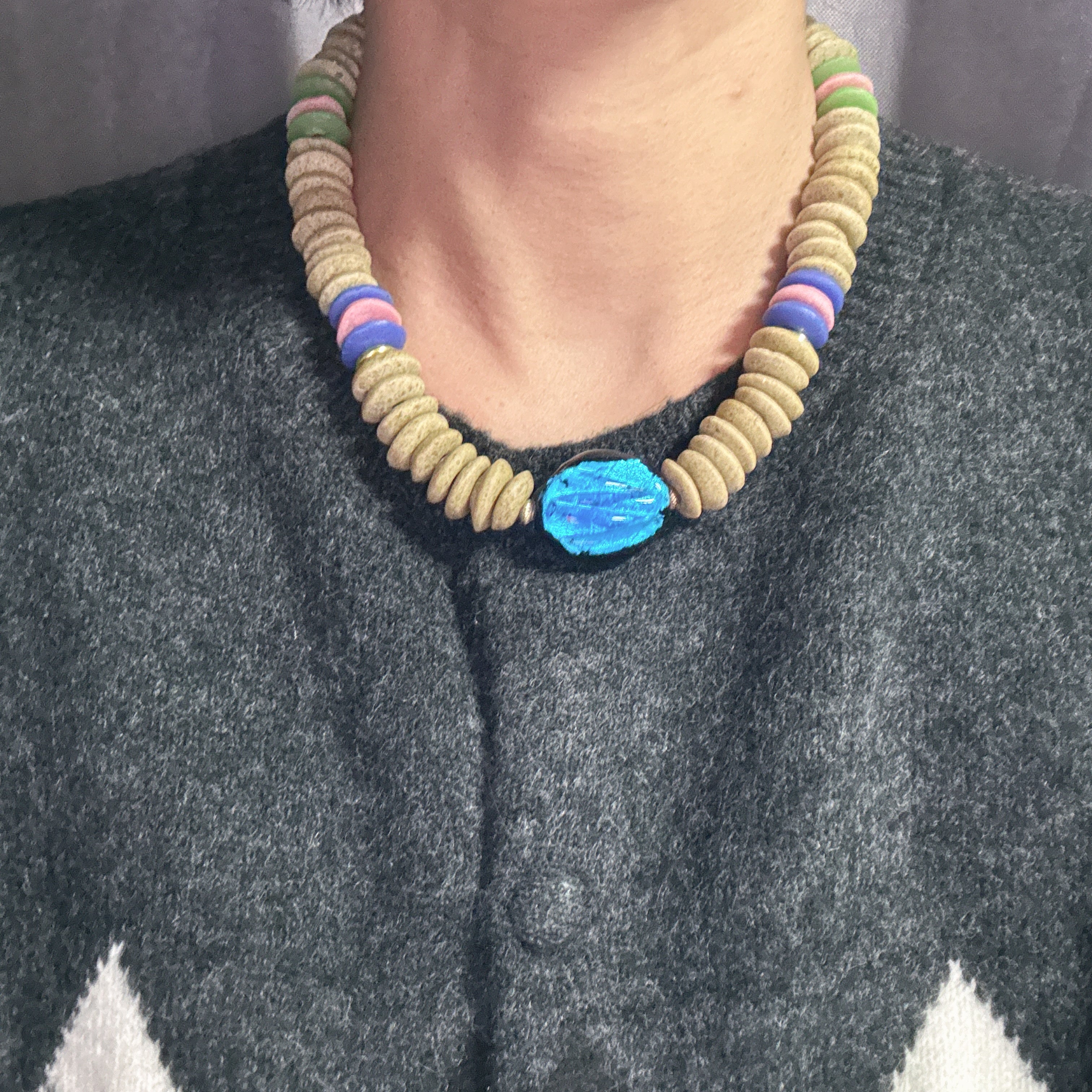 Glass Bead Necklace with Blue Glass Focal Bead – Handmade Statement Jewelry