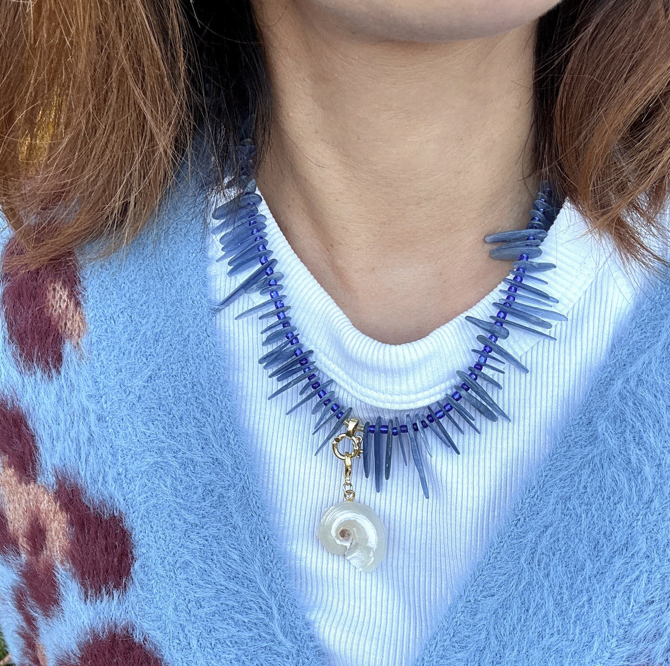 Kyanite Spike Necklace with Seashell Pendant – Handmade Ocean-Inspired Statement Jewelry