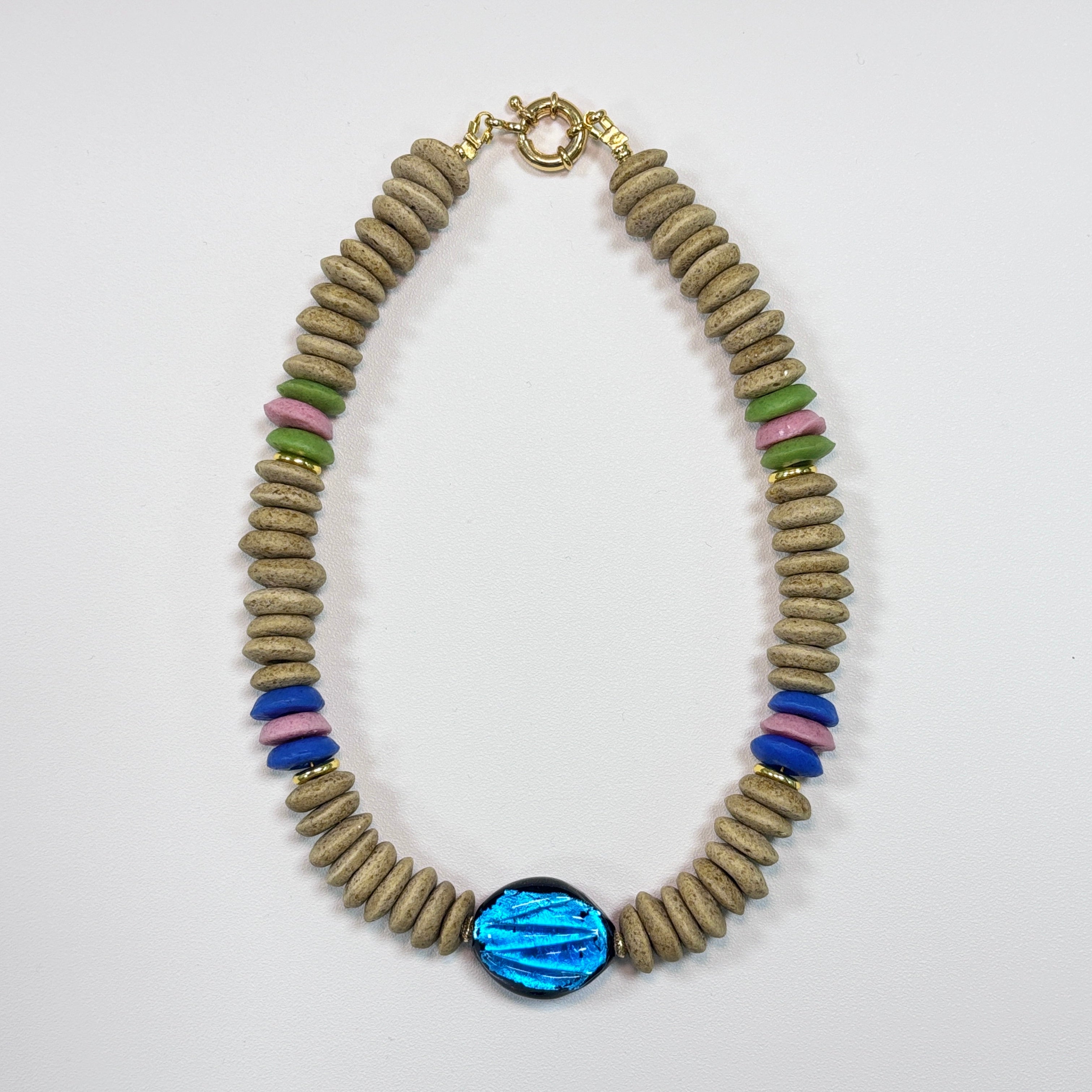 Glass Bead Necklace with Blue Glass Focal Bead – Handmade Statement Jewelry