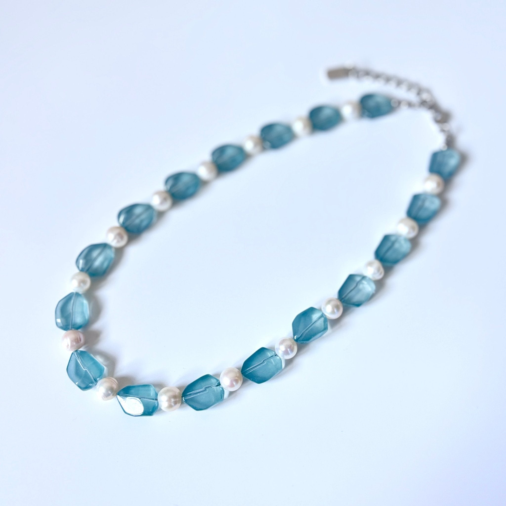 Aqua Bloom – Glass Bead & Freshwater Pearl Necklace
