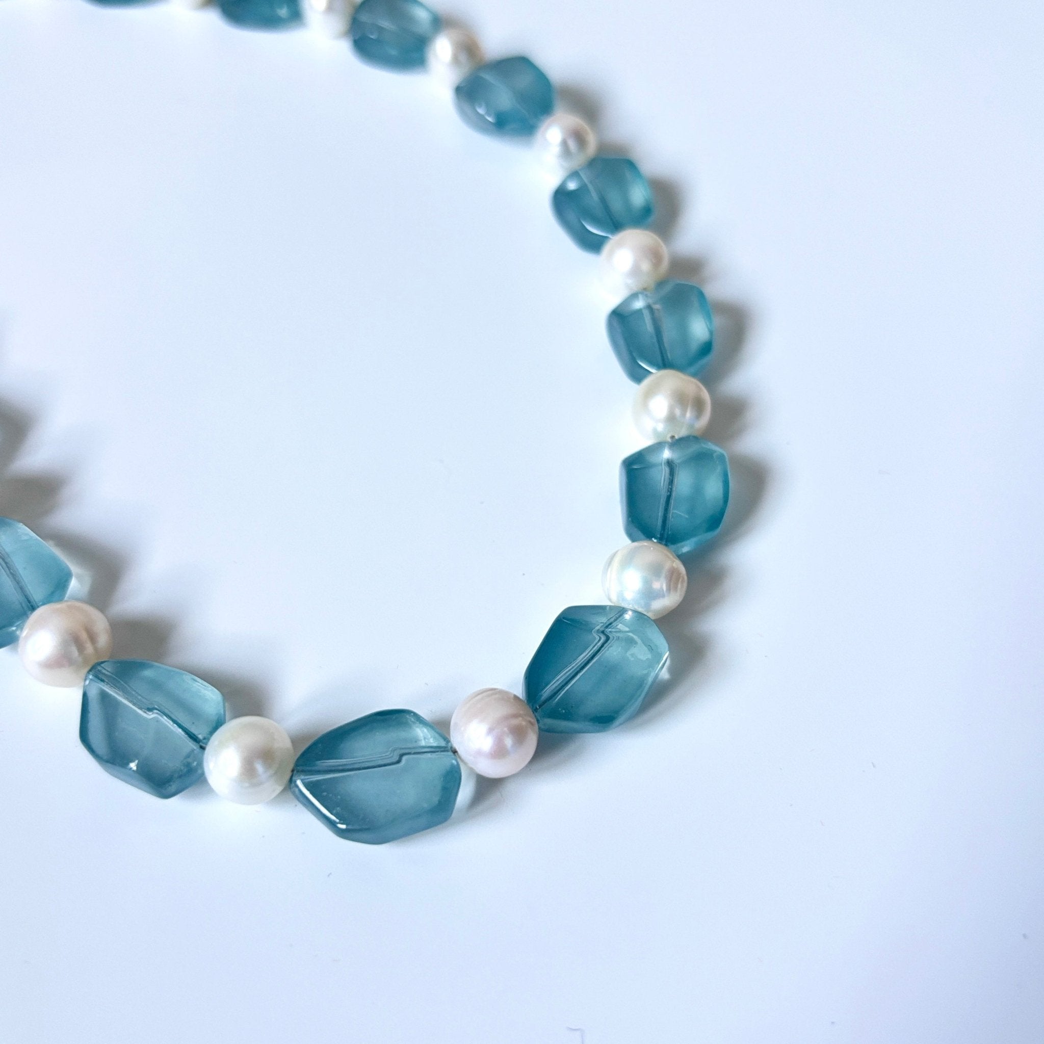 Detail of Aqua Bloom Glass Bead & Freshwater Pearl Necklace