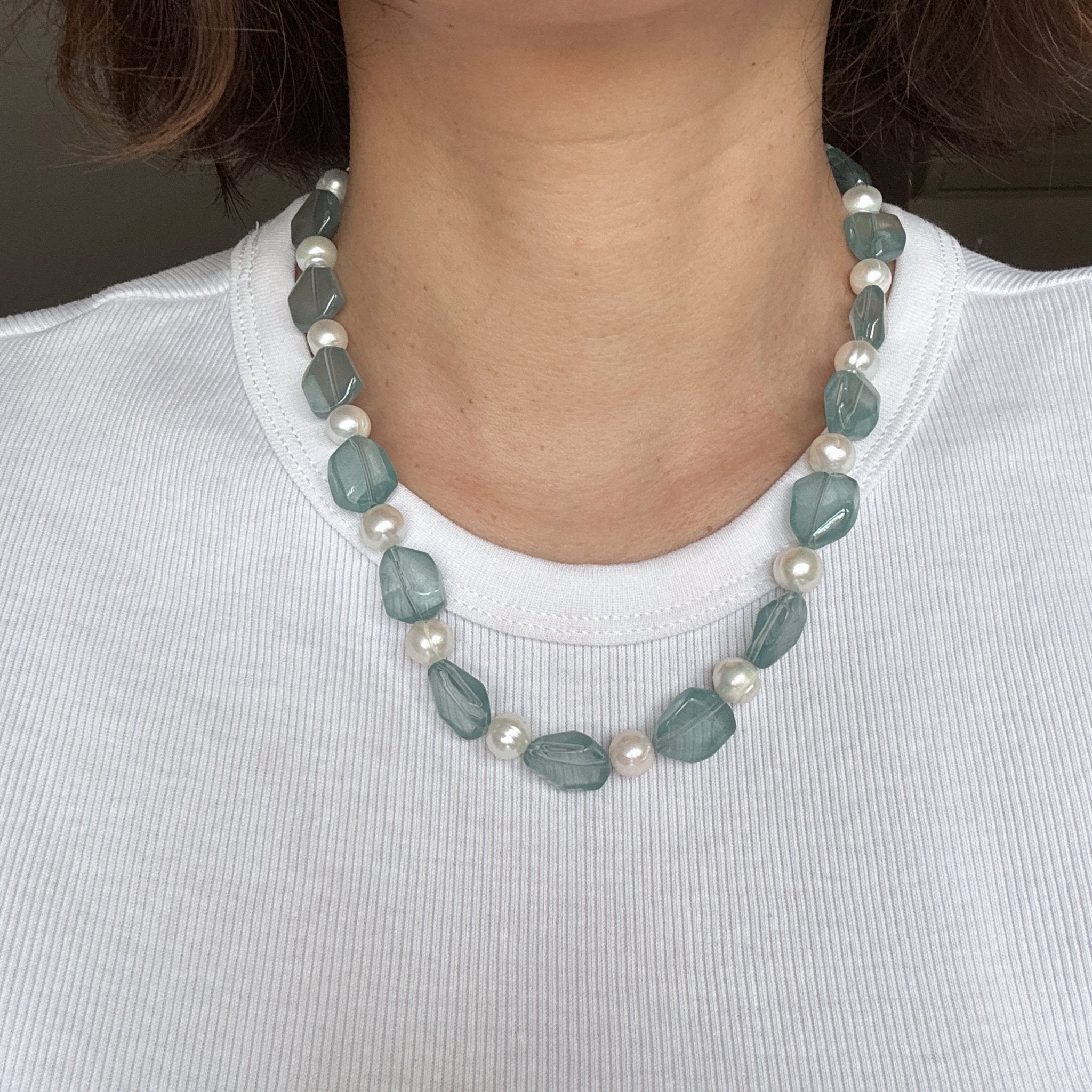 Model wearing Aqua Bloom Glass Bead & Freshwater Pearl Necklace