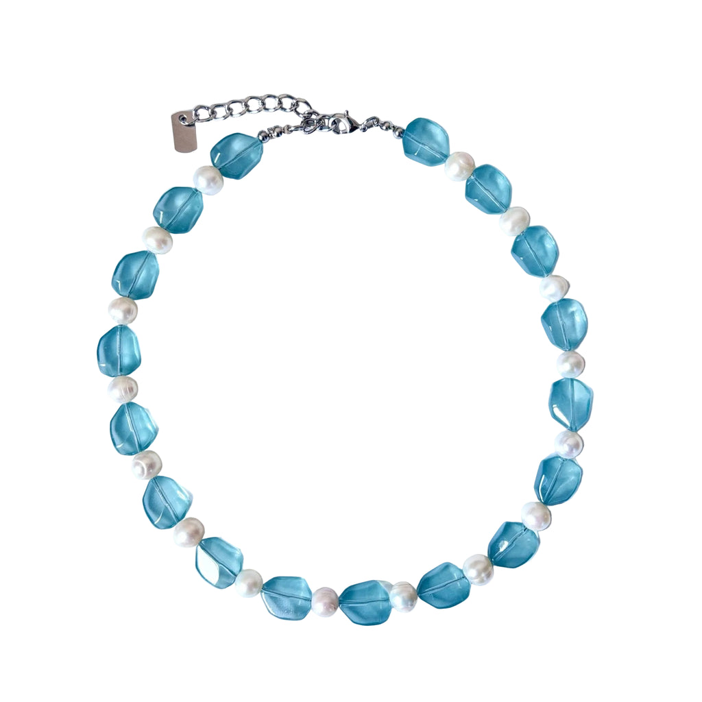 Aqua Bloom Glass Bead & Freshwater Pearl Necklace