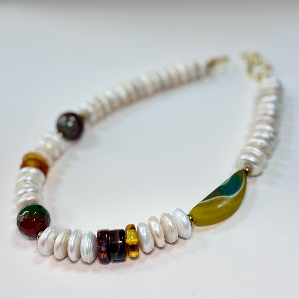 Autumn Glow - Amber, Agate & Freshwater Pearl Necklace