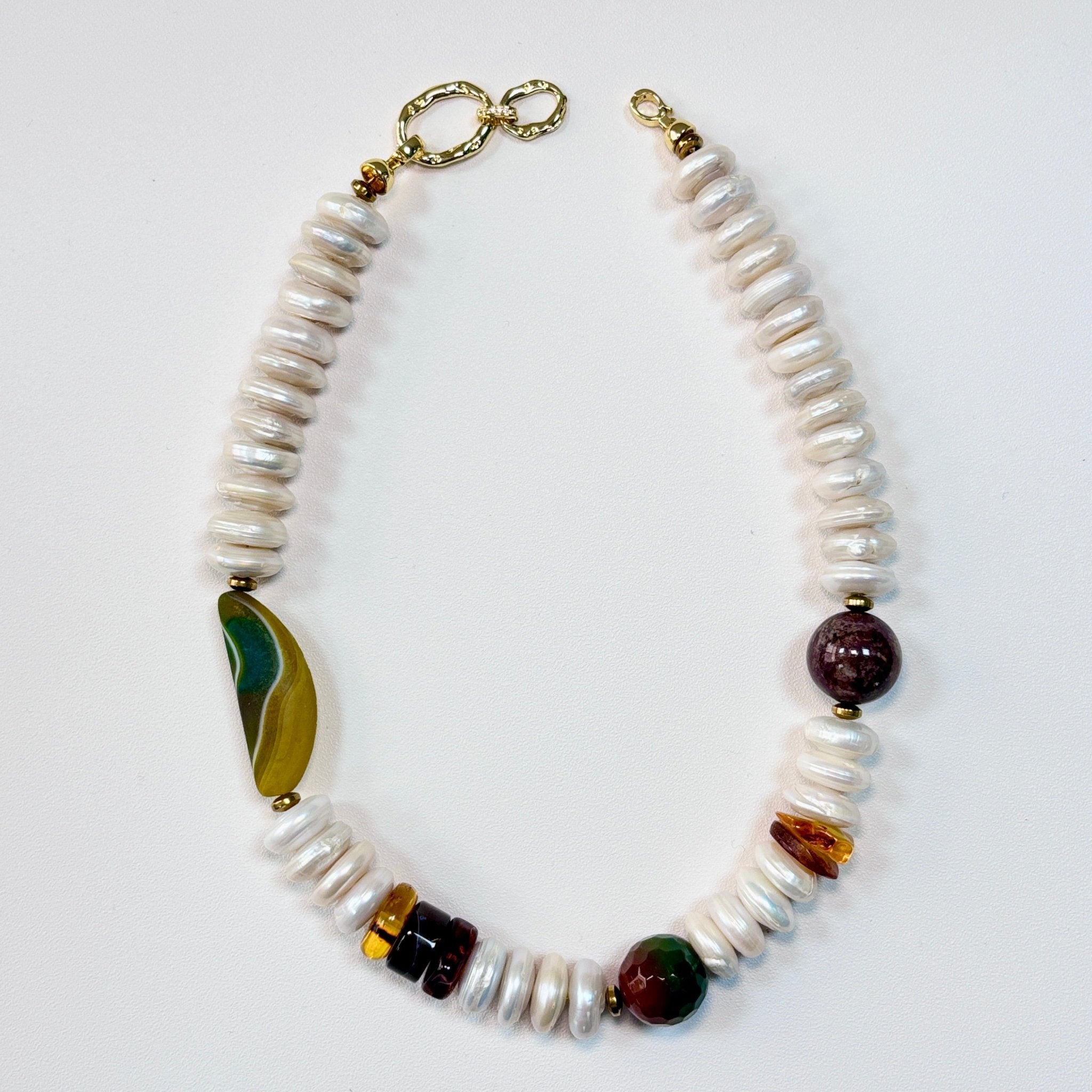 Autumn Glow - Amber, Agate & Freshwater Pearl Necklace