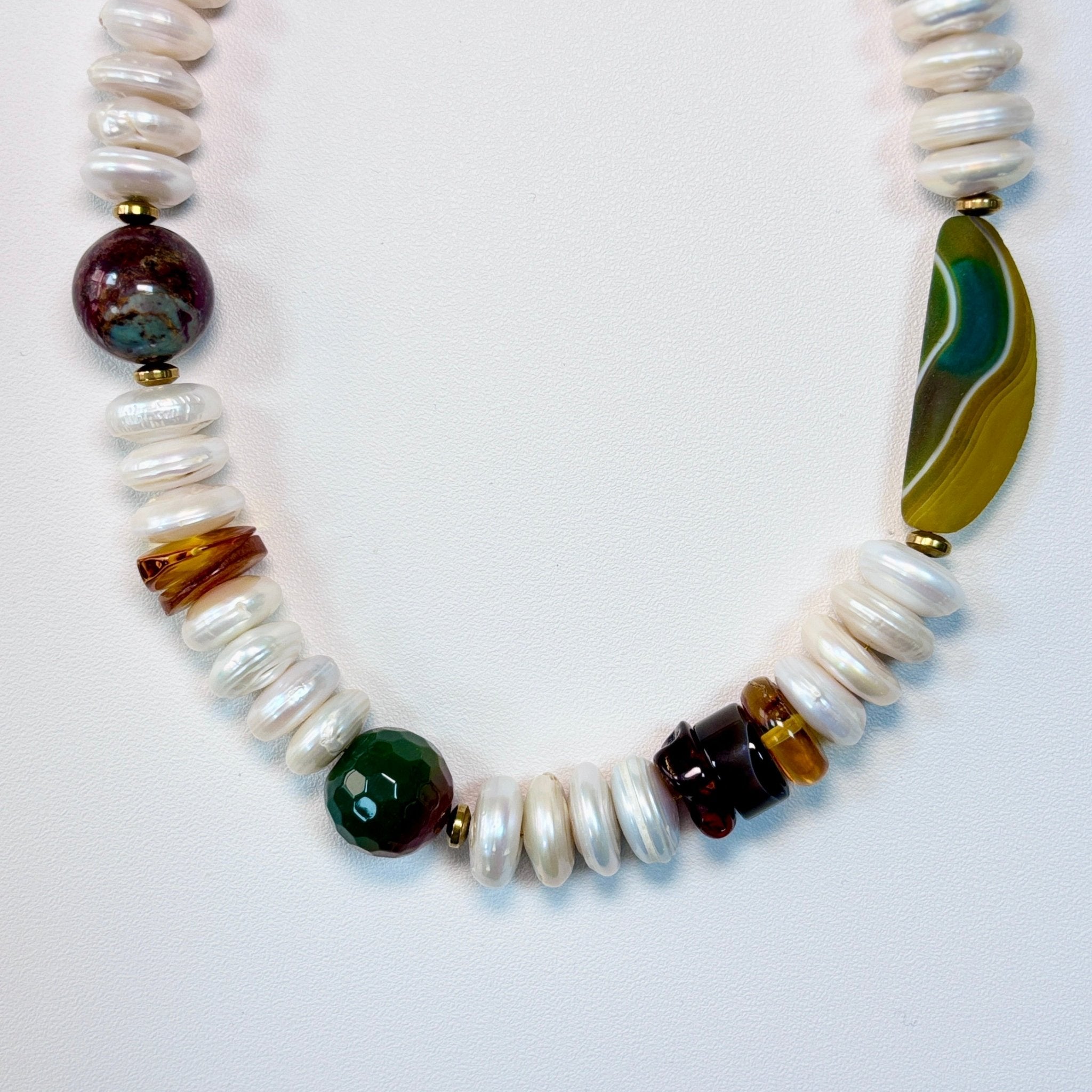 Detail of Autumn Glow Amber, Agate & Freshwater Pearl Necklace
