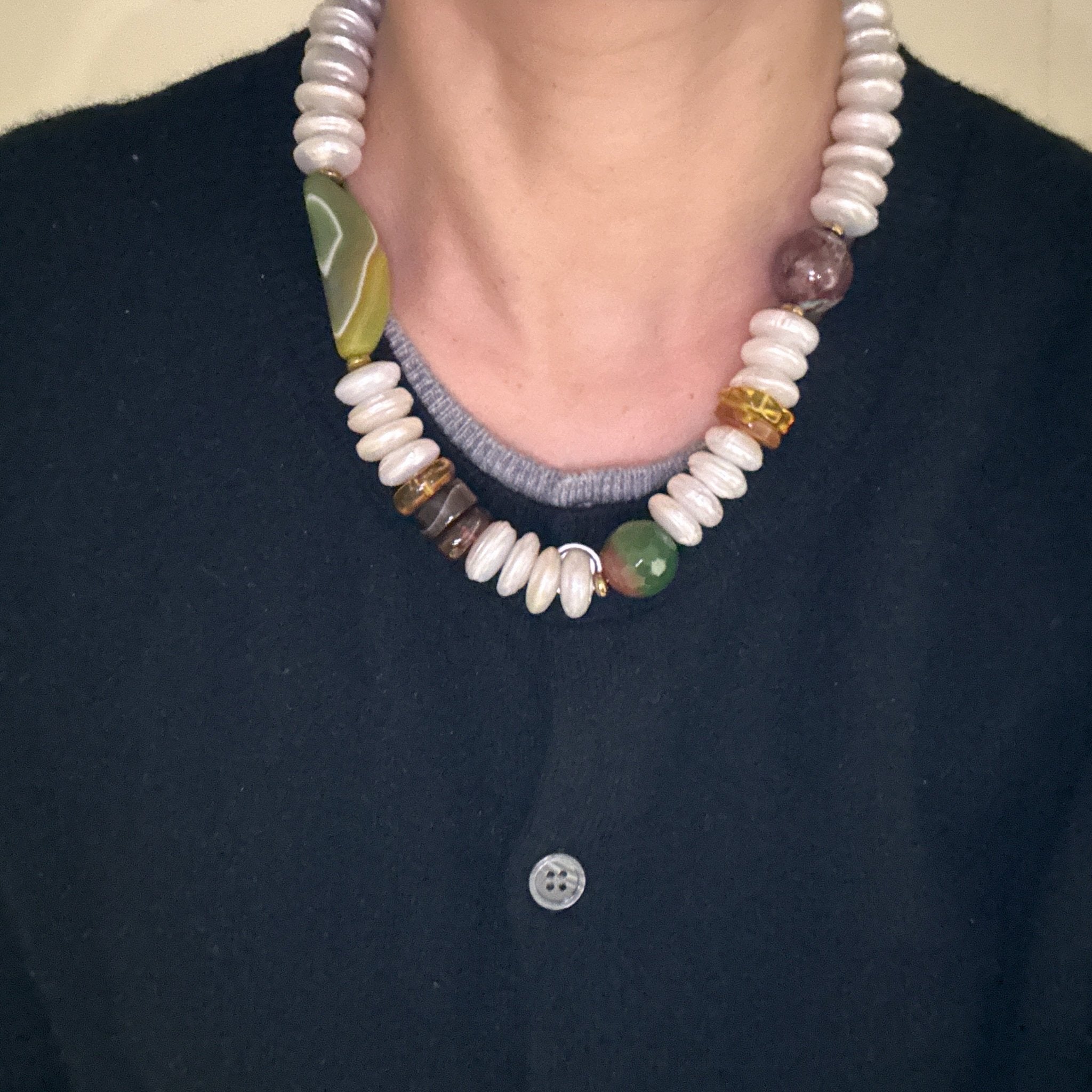 Mode wearing Autumn Glow Amber, Agate & Freshwater Pearl Necklace