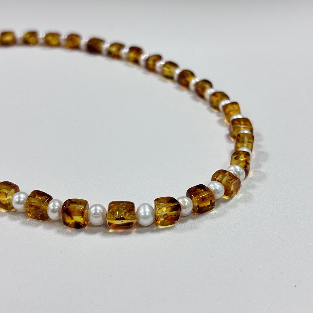 Detail of Autumn Glow Amber & Freshwater Pearl Necklace
