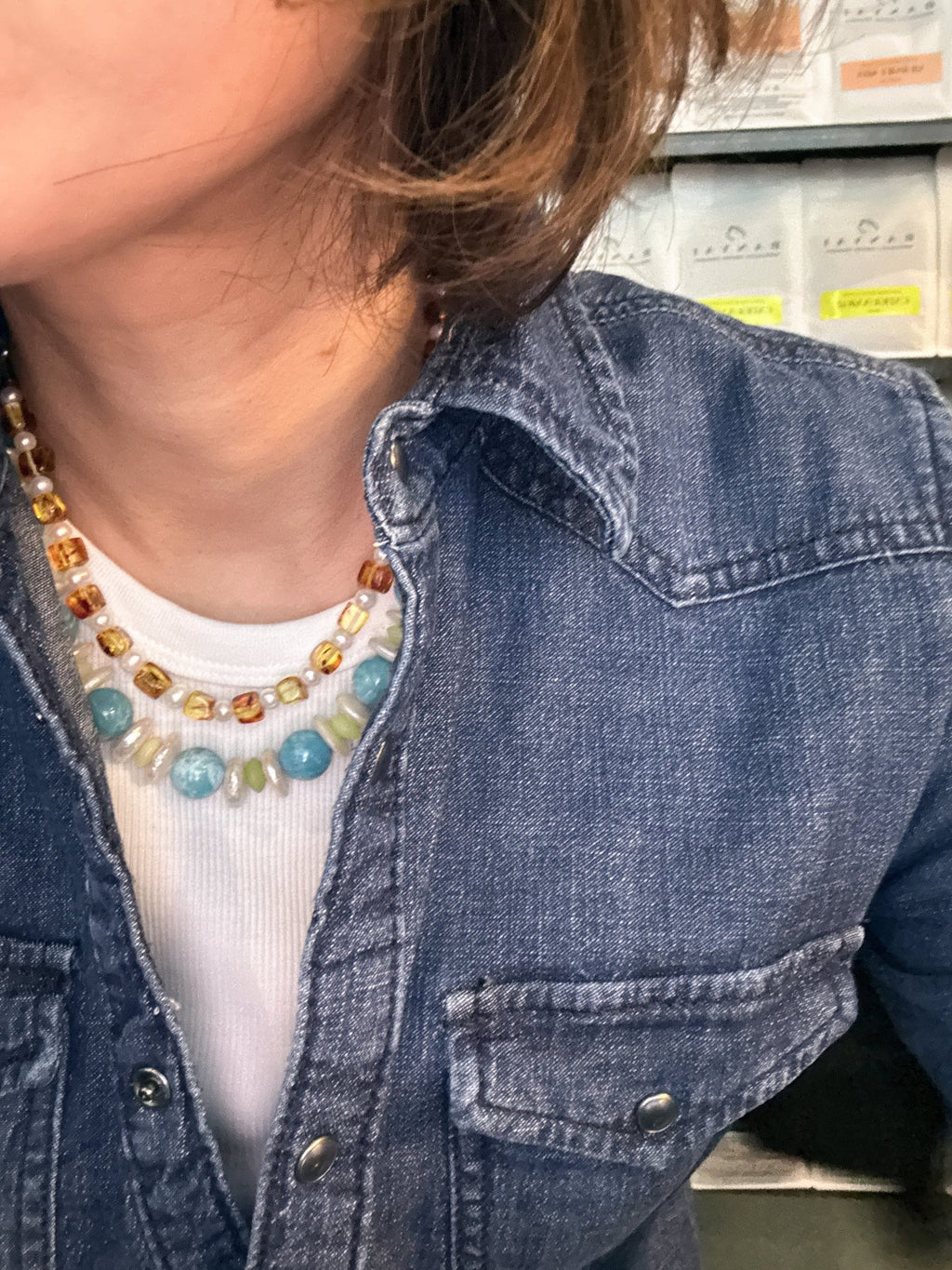 Model wearing Autumn Glow Amber & Freshwater Pearl Necklace