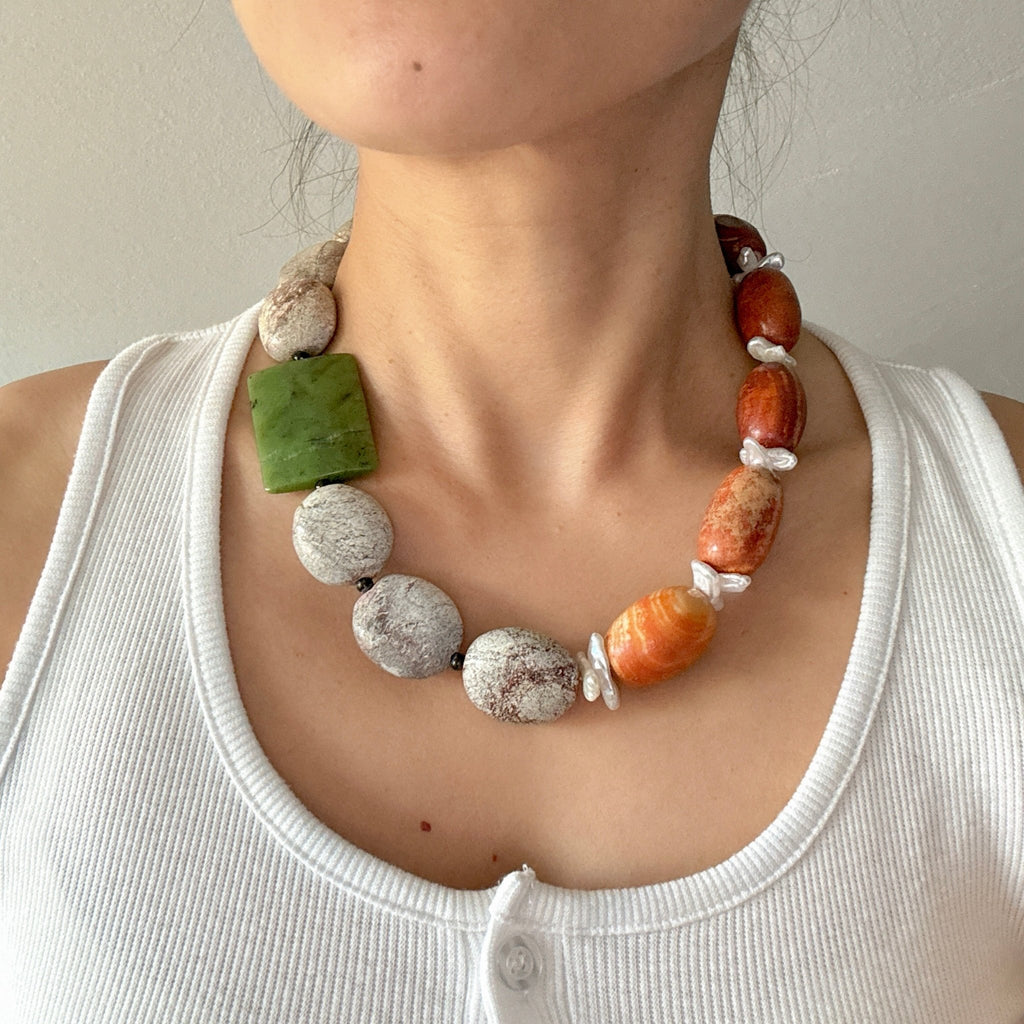 Model wearing Autumn Tide Green Agate & Turquoise Necklace