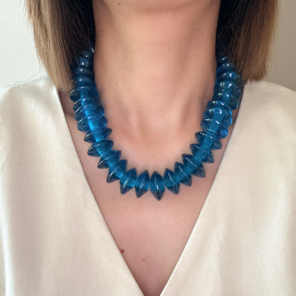 Model Wearing Azure Glow Blue Glass Beads Necklace