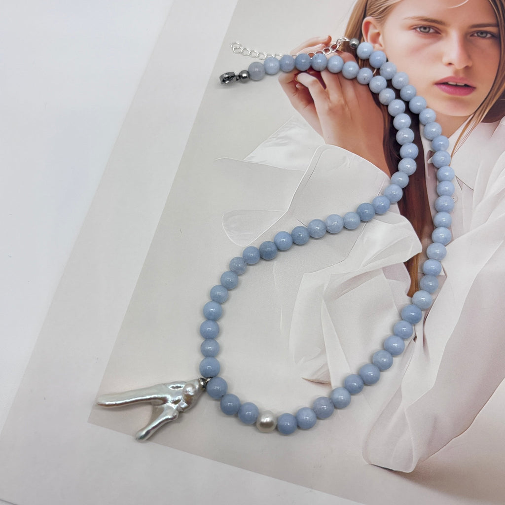 Azure Muse - Blue Chalcedony & Baroque Freshwater Pearl Necklace