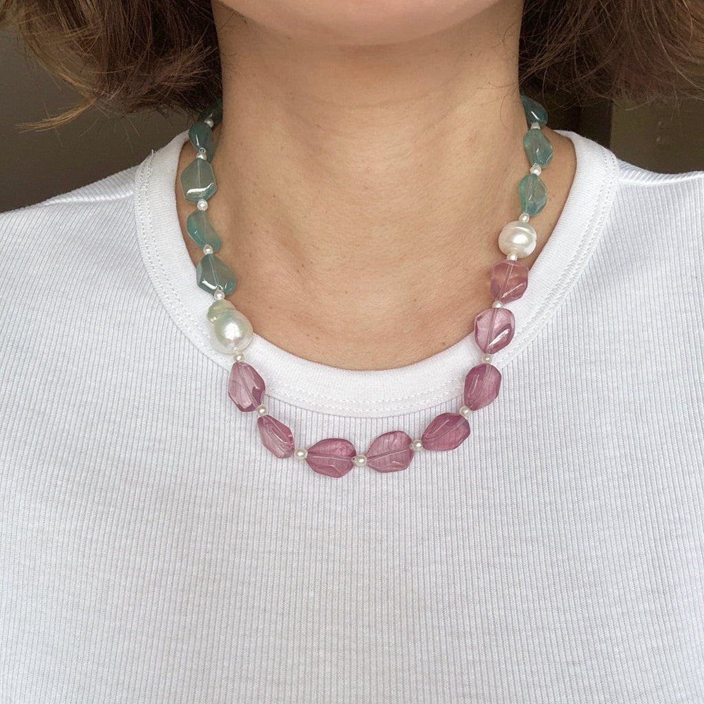 Model wearing Lavedar Bloom Glass Bead & Baroque Pearl Necklace