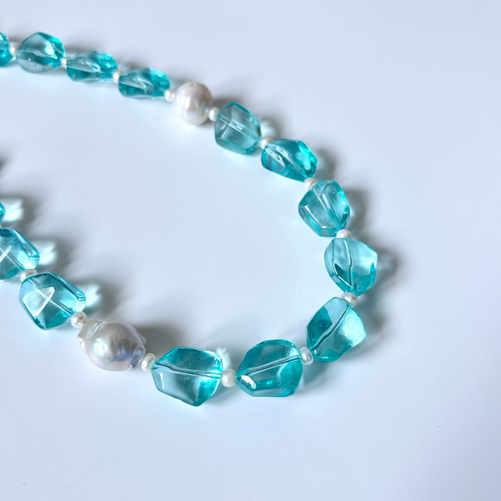 Detail of Seafoam Bloom Glass Bead & Baroque Pearl Necklace