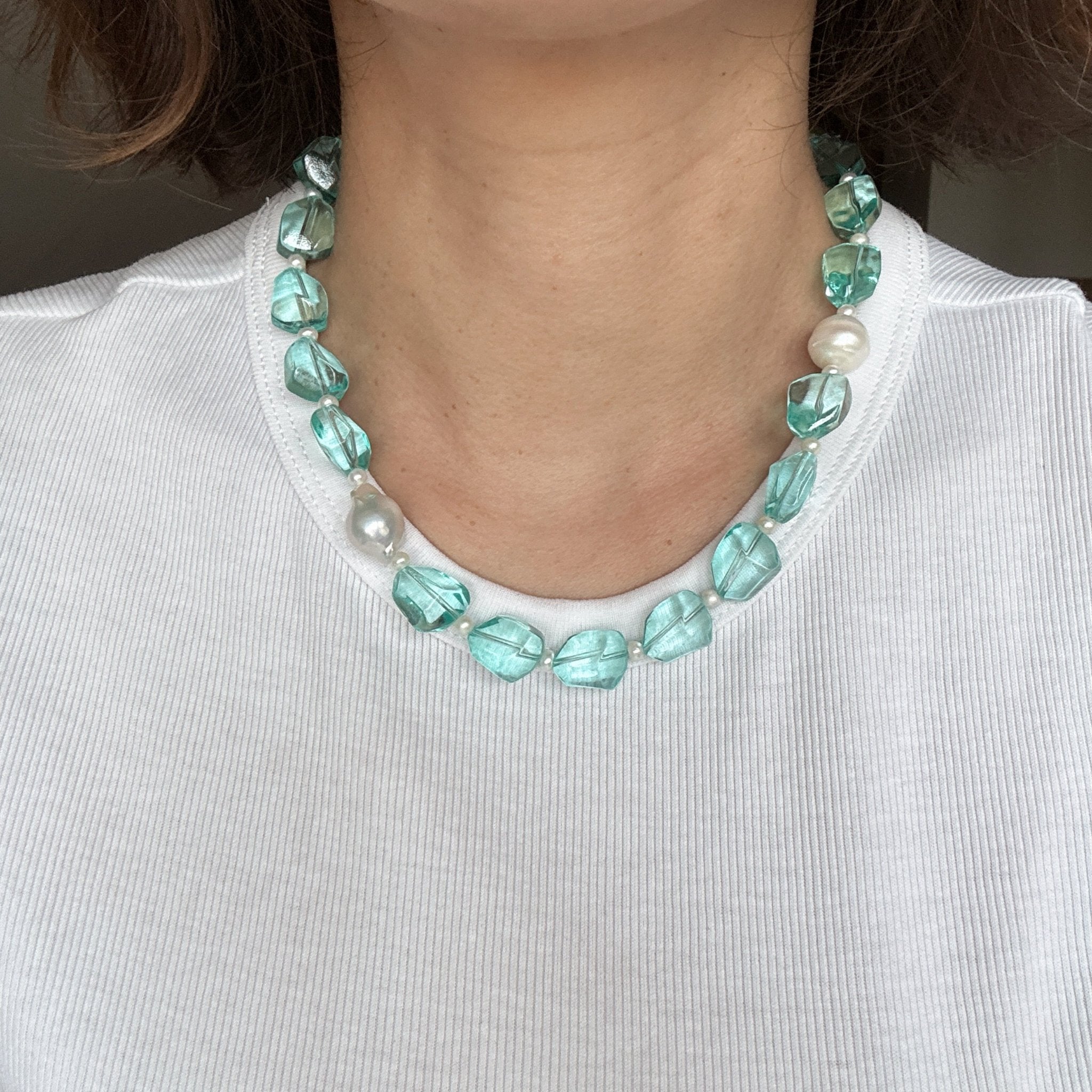 Model wearing Seafoam Bloom Glass Bead & Baroque Pearl Necklace