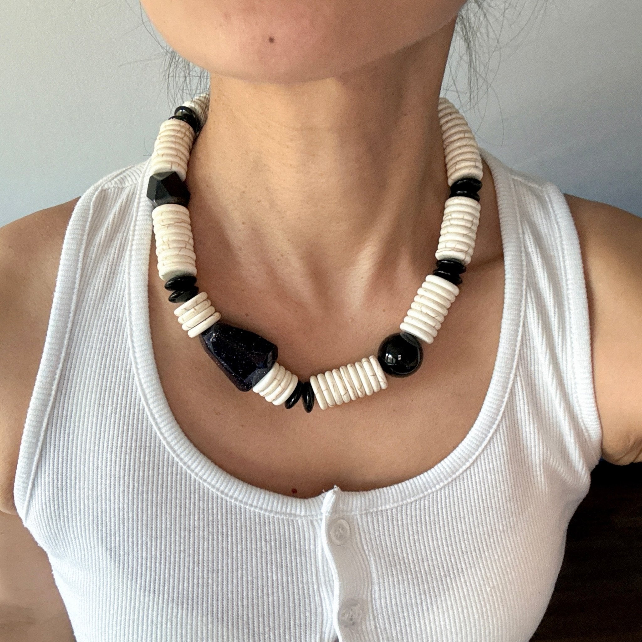 Model wearing Blue Dune Turquoise, Agate & Blue Sandstone Necklace