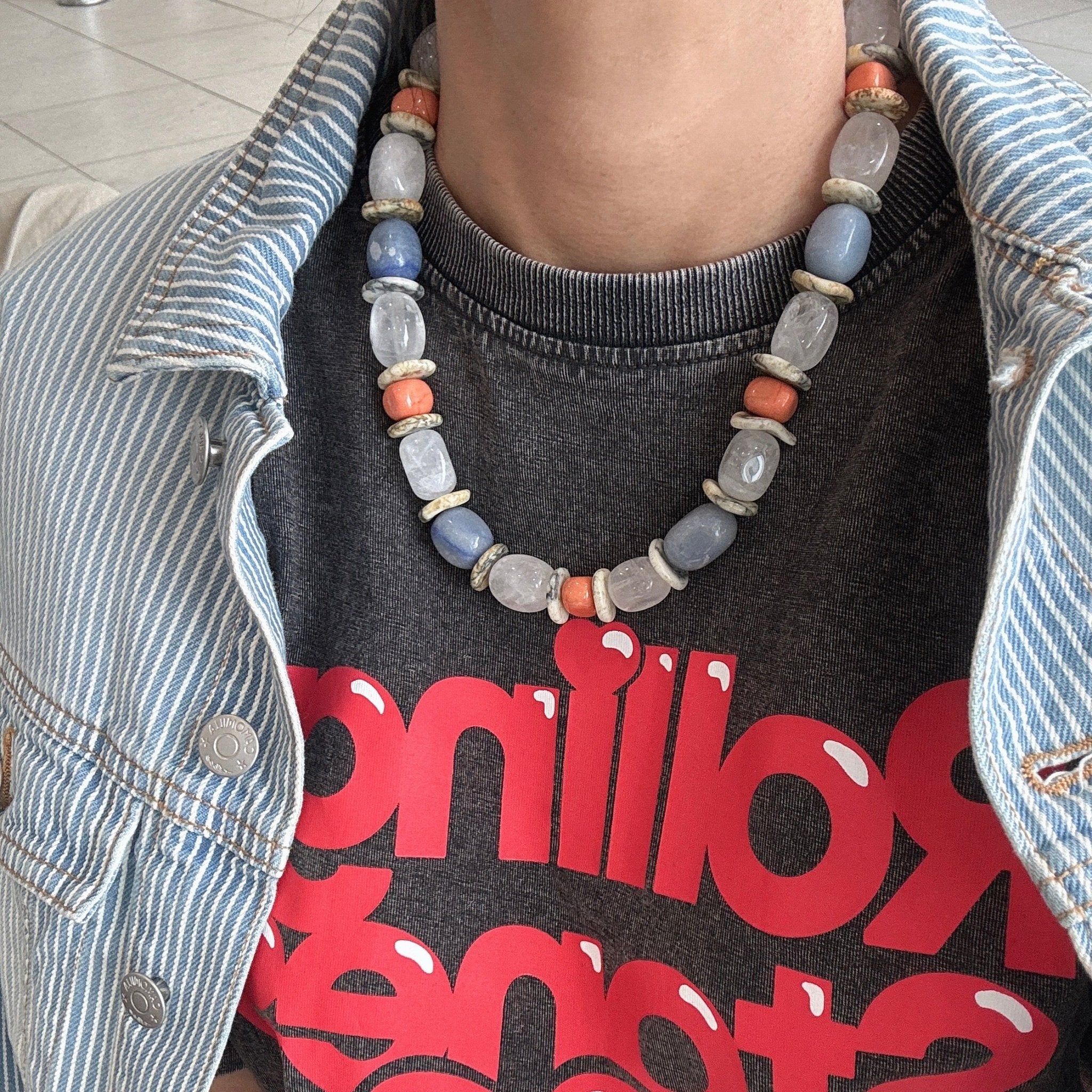 Model wearing Blue Horizon Sodalite and Nature Stone Necklace