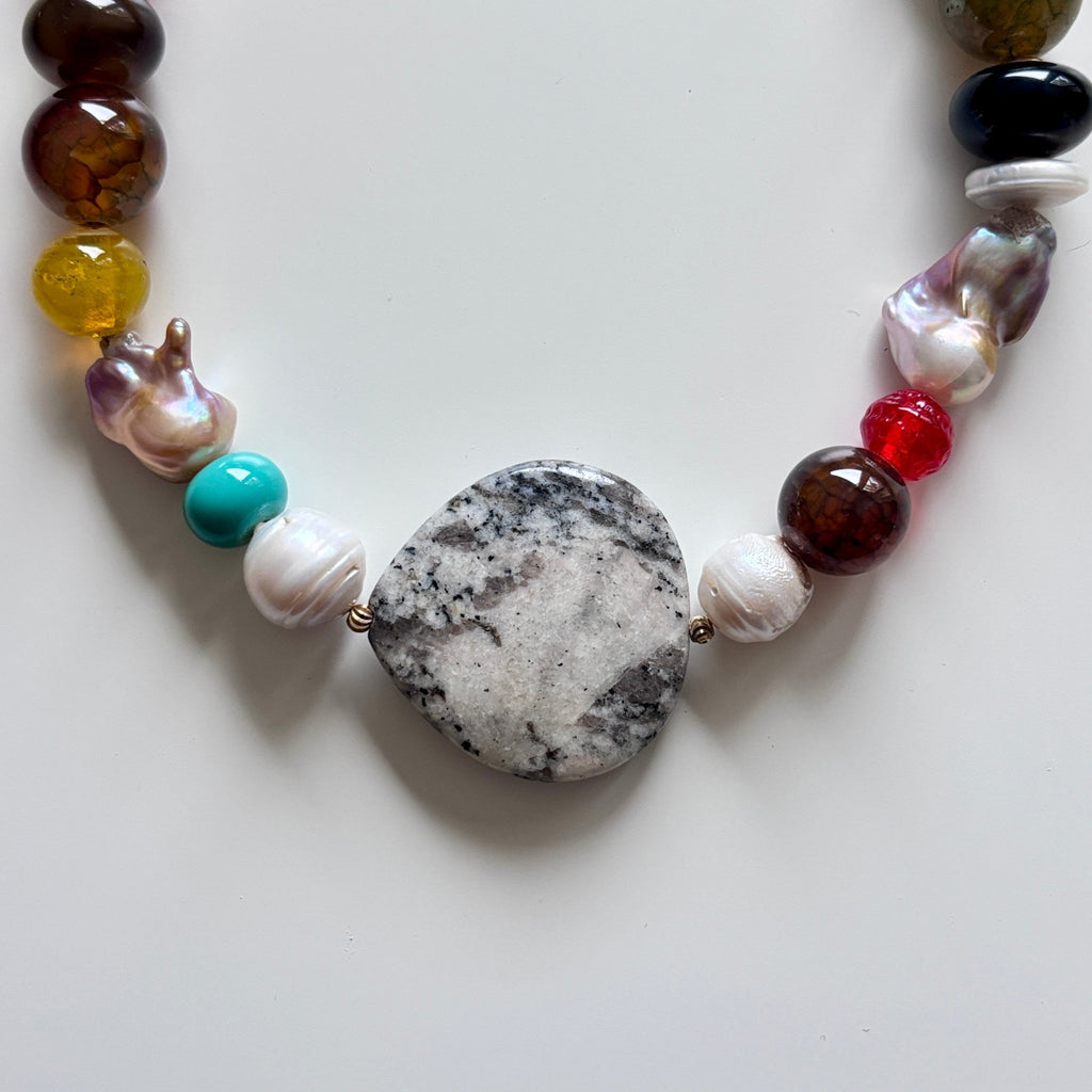 Boho Harmony - Natural stone & Freshwater Pearl Necklace