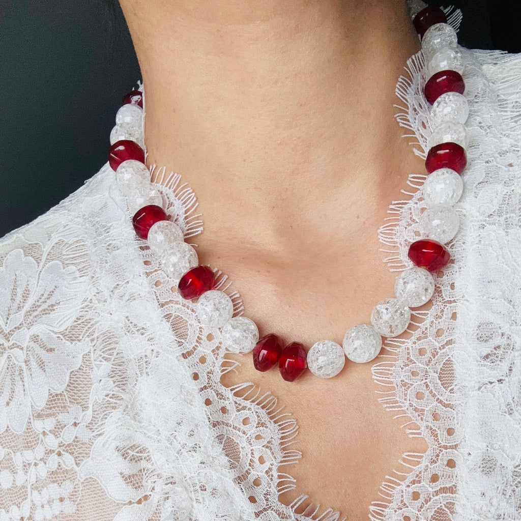 Model wearing Burgundy Whisper Crystal and Red Bead Necklace