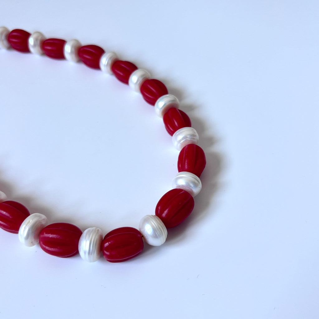 Detail of Cherry Candy – Glass Bead and Pearl Necklace