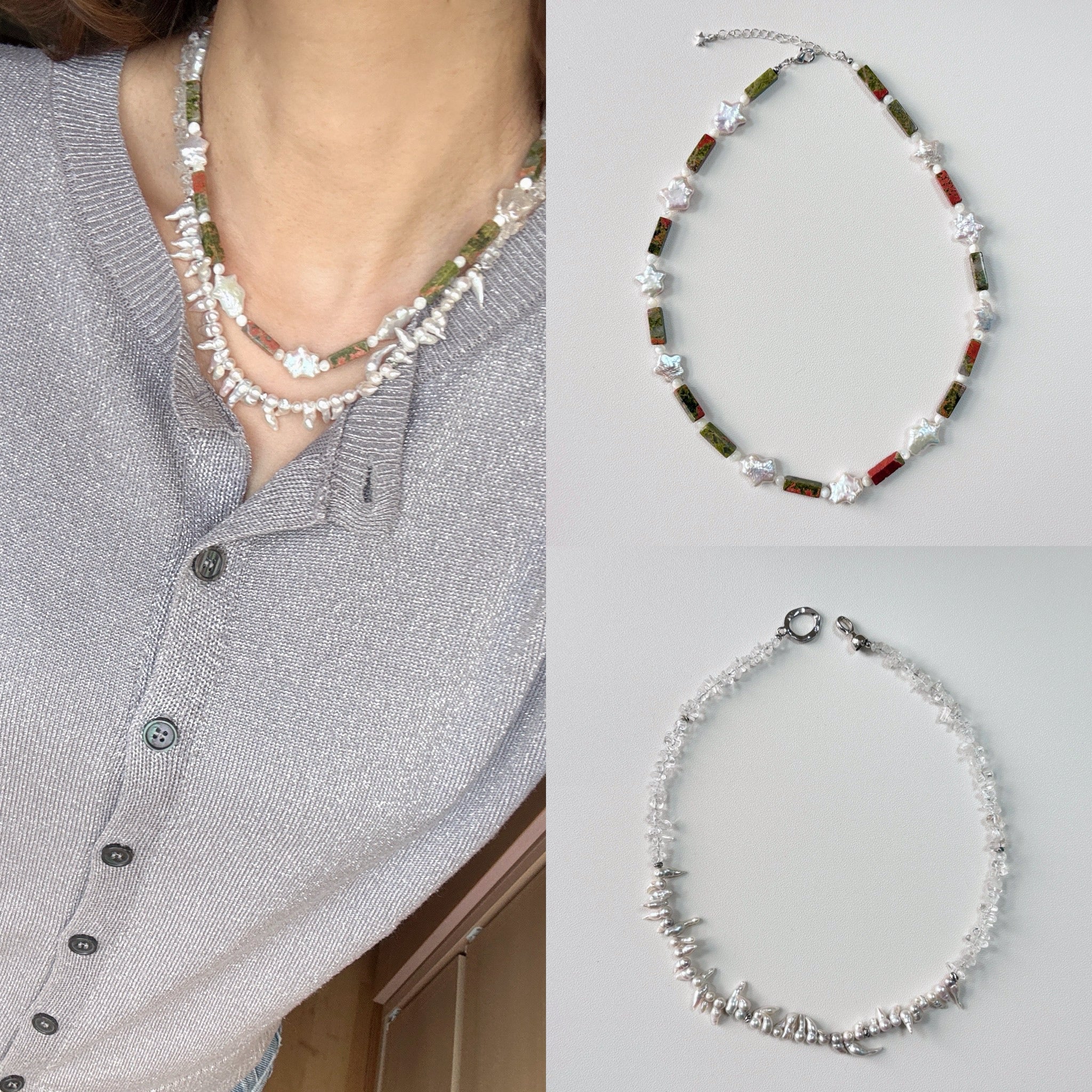 Model wearing Coastline – Crystal and Freshwater Pearl Necklace