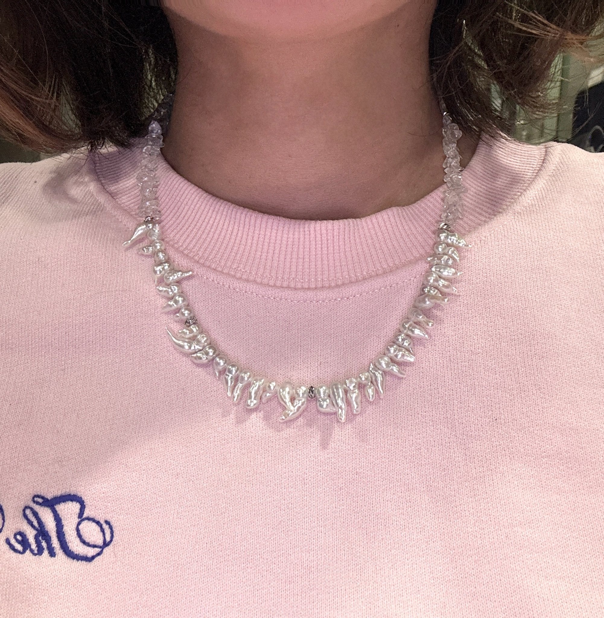 Model wearing Crystal and Pearl Necklace