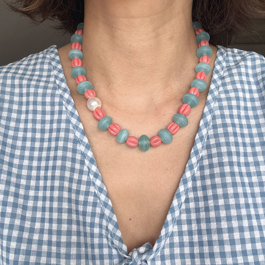 Model wearing Cotton Candy – Glass Bead and Pearl Necklace