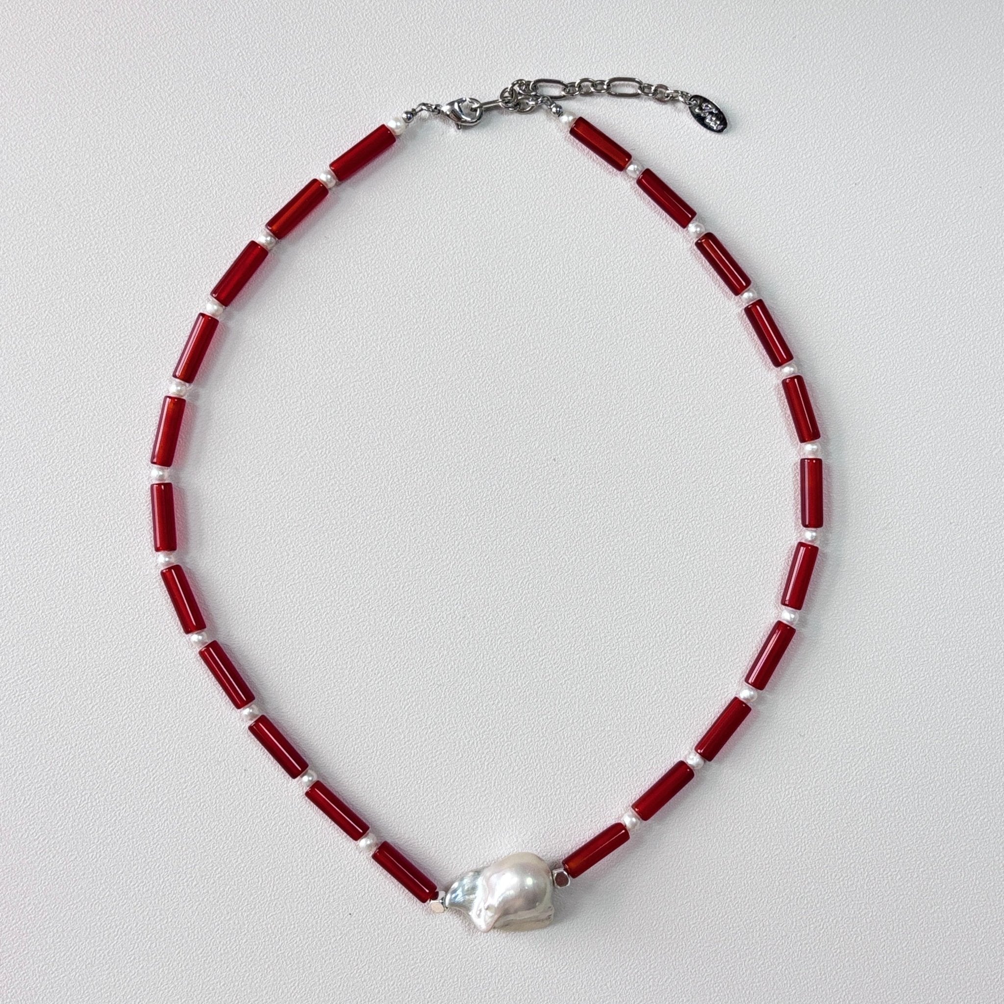Crimson Echo - Red Agate & Baroque Pearl Necklace