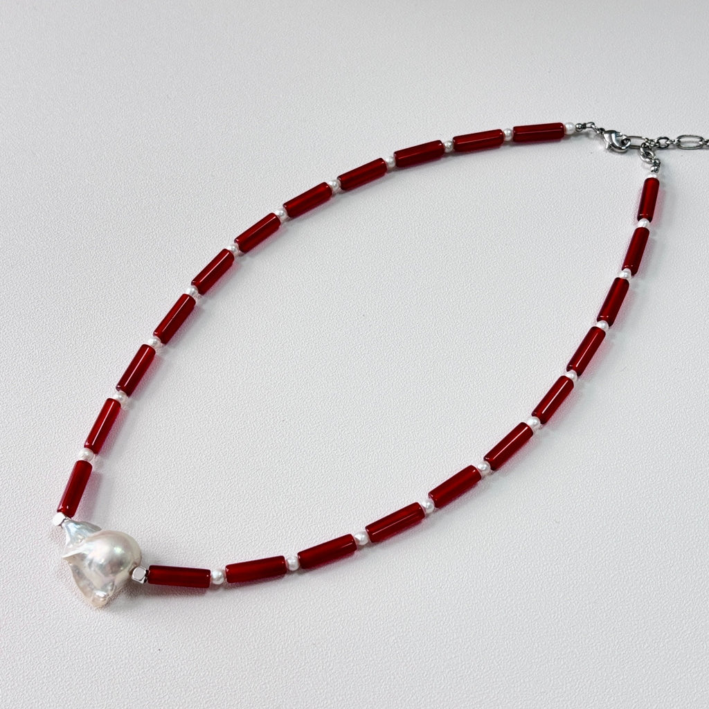 Crimson Echo - Red Agate & Baroque Pearl Necklace
