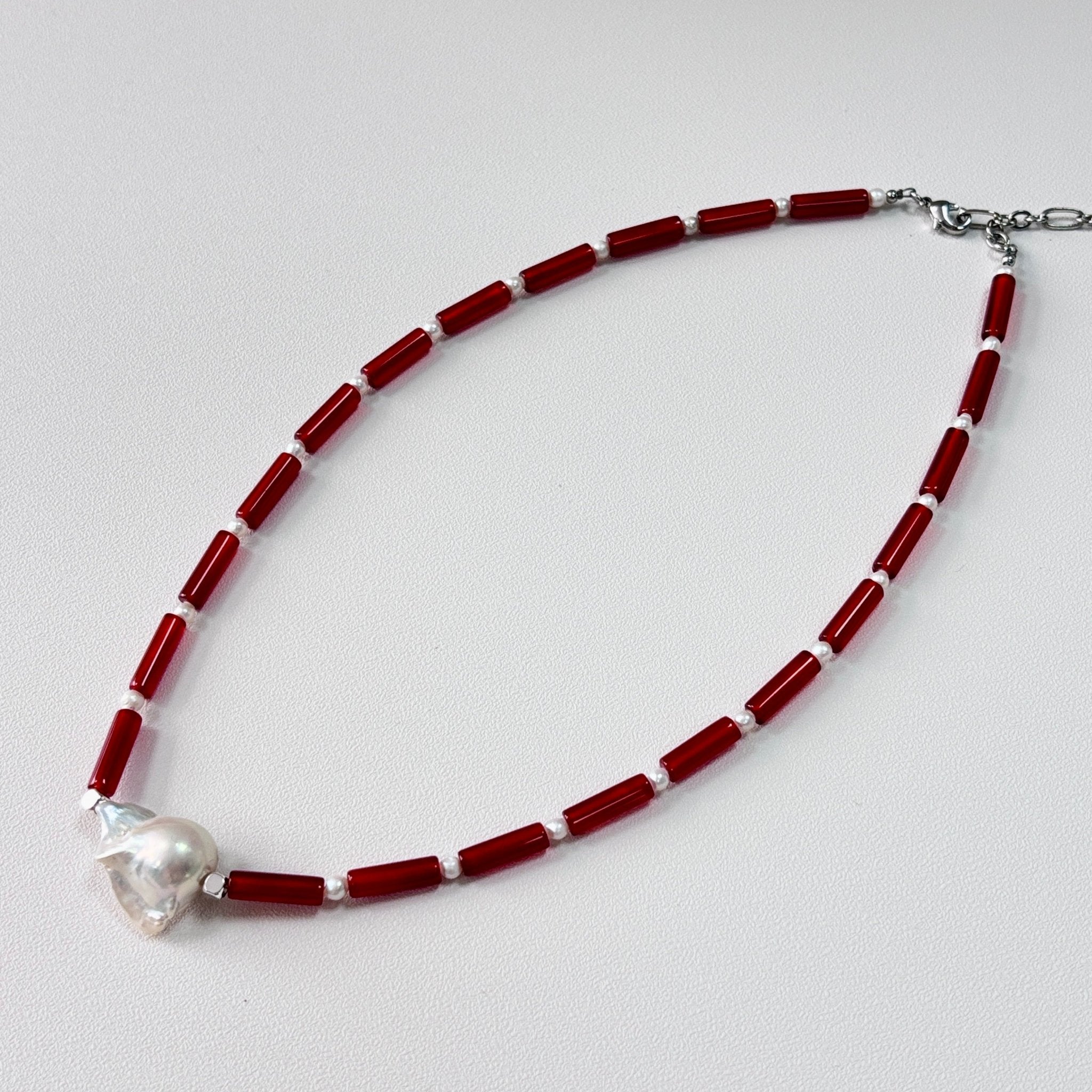 Crimson Echo - Red Agate & Baroque Pearl Necklace