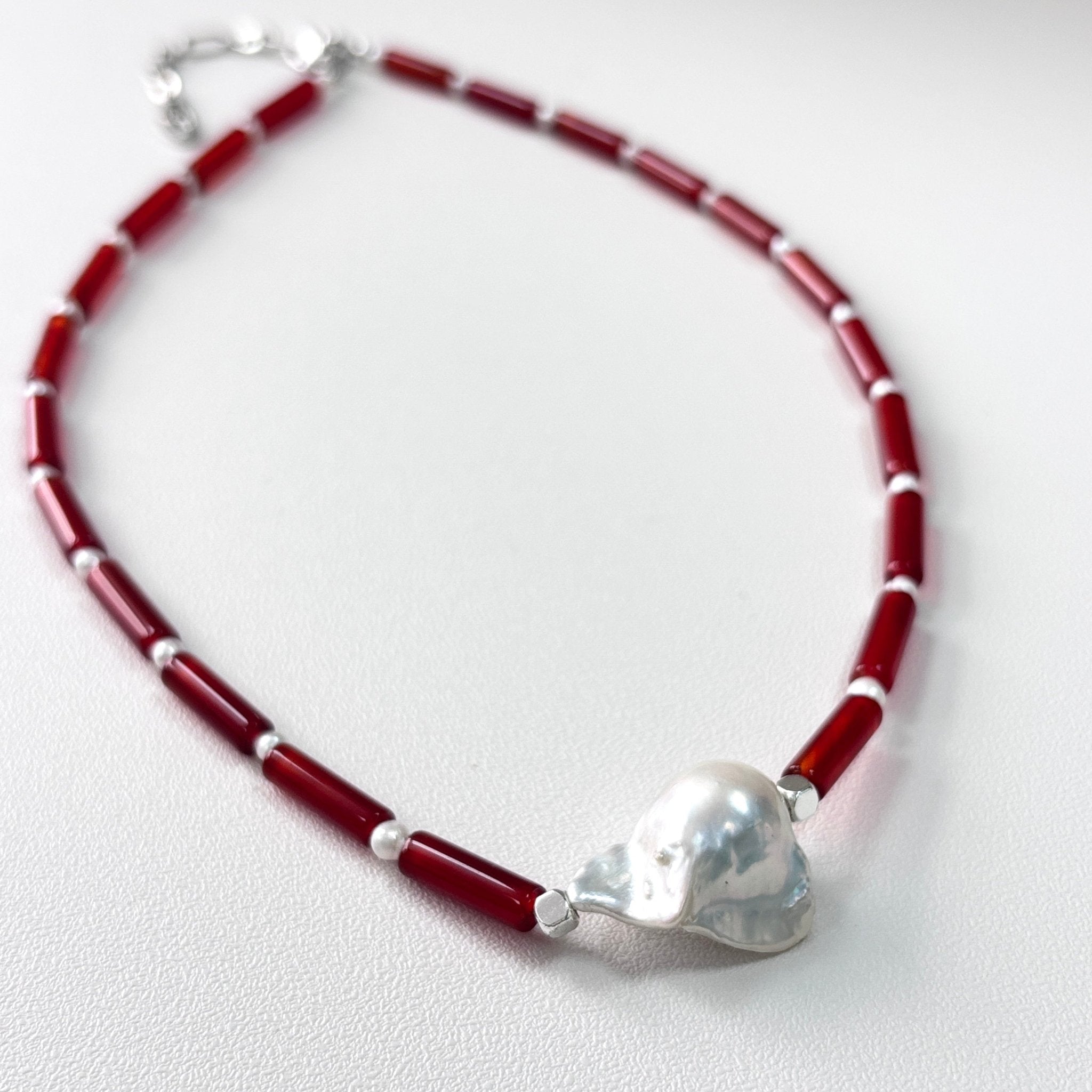 Detail of Crimson Echo Red Agate & Baroque Pearl Necklace
