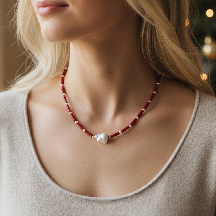 Model wearing Crimson Echo Red Agate & Baroque Pearl Necklace