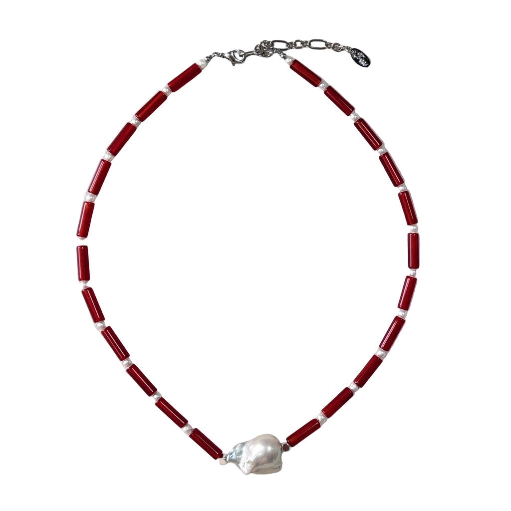 Crimson Echo Red Agate & Baroque Pearl Necklace