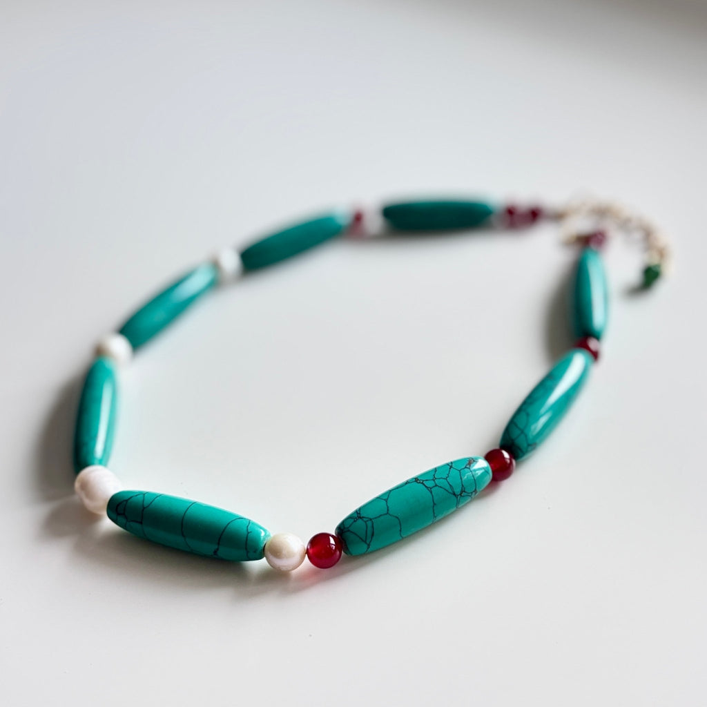 Crimson Meadow - Red Agate & Freshwater Pearl Necklace