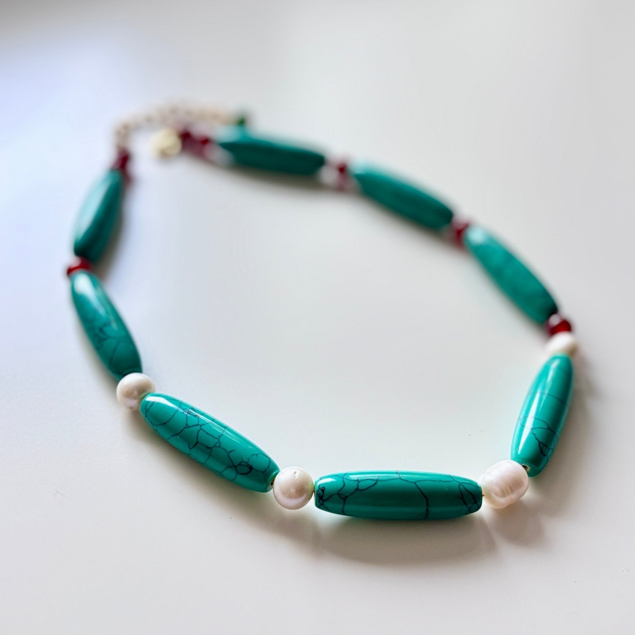 Detail of Crimson Meadow Red Agate & Freshwater Pearl Necklace