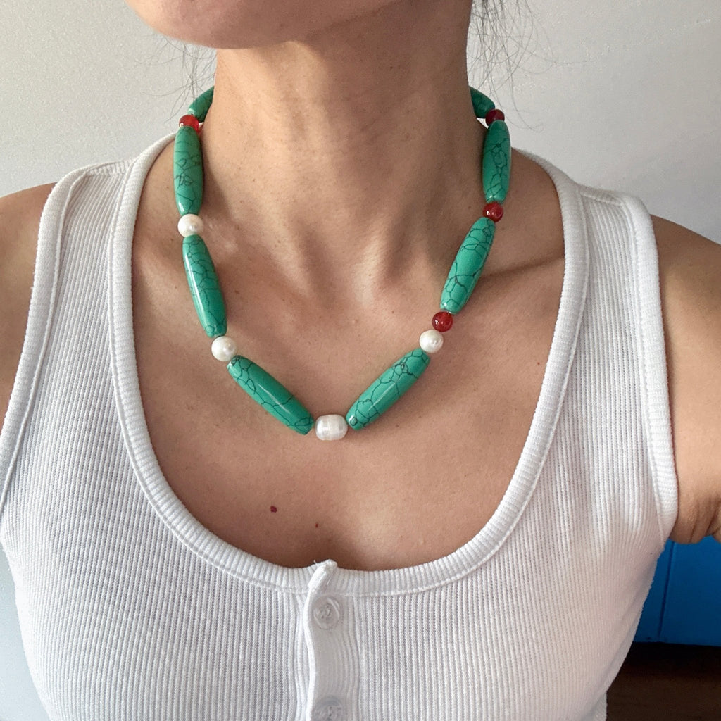 Model wearing Crimson Meadow Red Agate & Freshwater Pearl Necklace