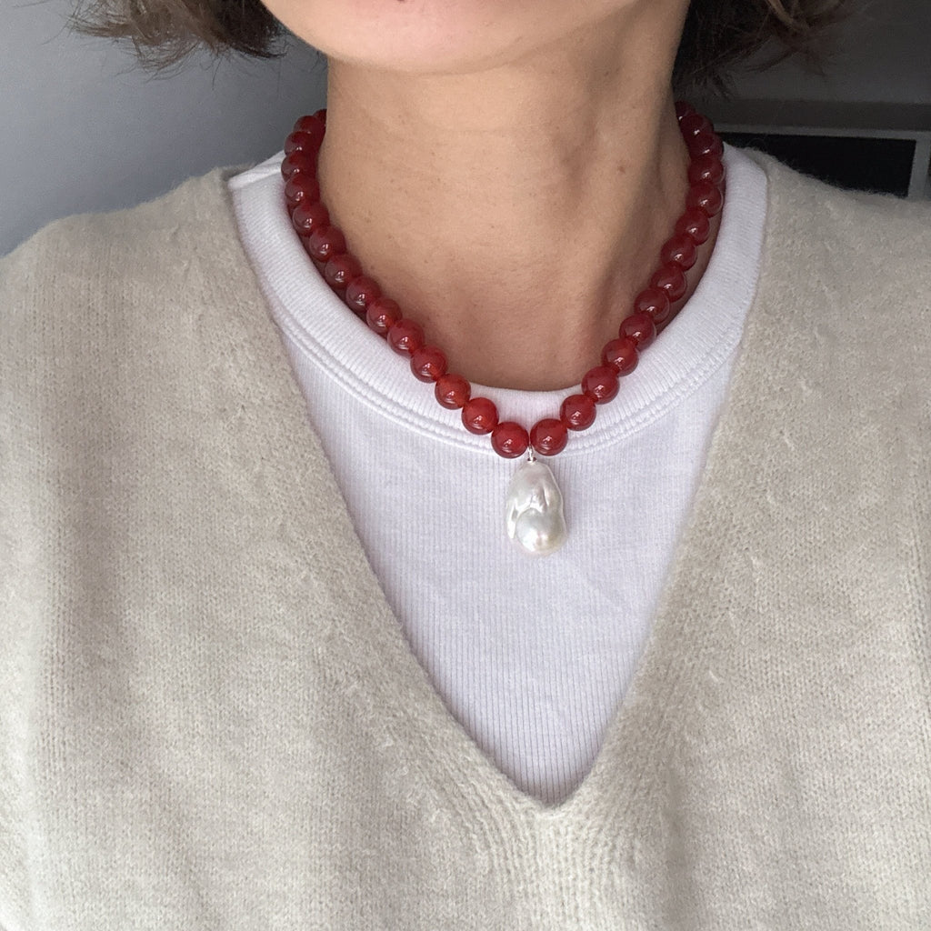 Crimson Tide - Red Agate & Baroque Pearl Necklace