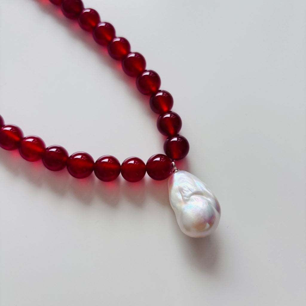 Crimson Tide - Red Agate & Baroque Pearl Necklace