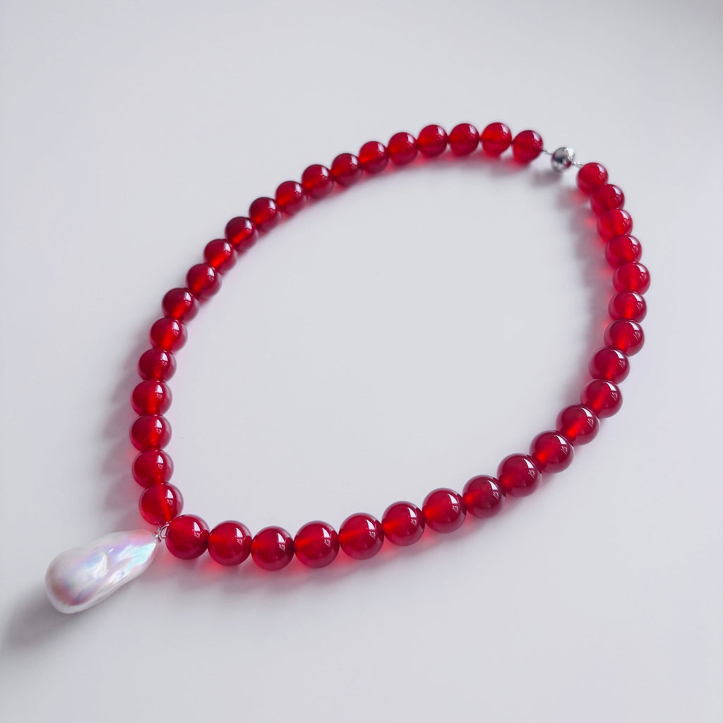 Crimson Tide - Red Agate & Baroque Pearl Necklace