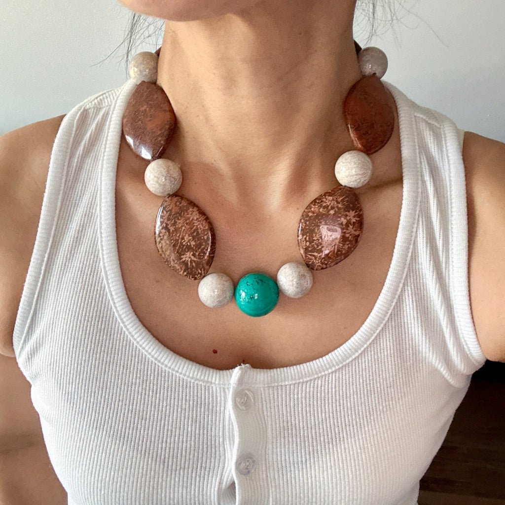 Model wearing Desert Earth Brown Jasper & Turquoise Necklace