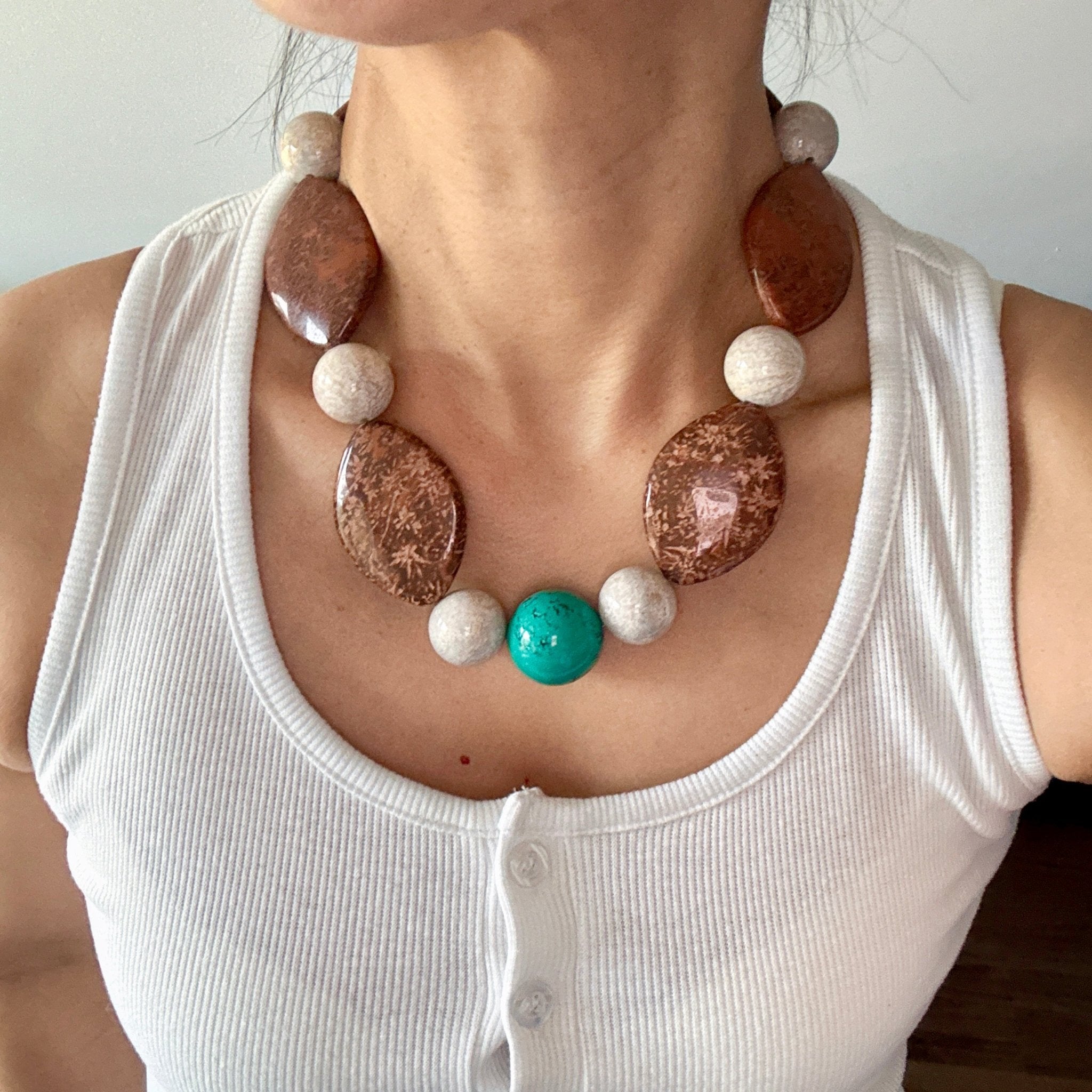 Model wearing Desert Earth Brown Jasper & Turquoise Necklace
