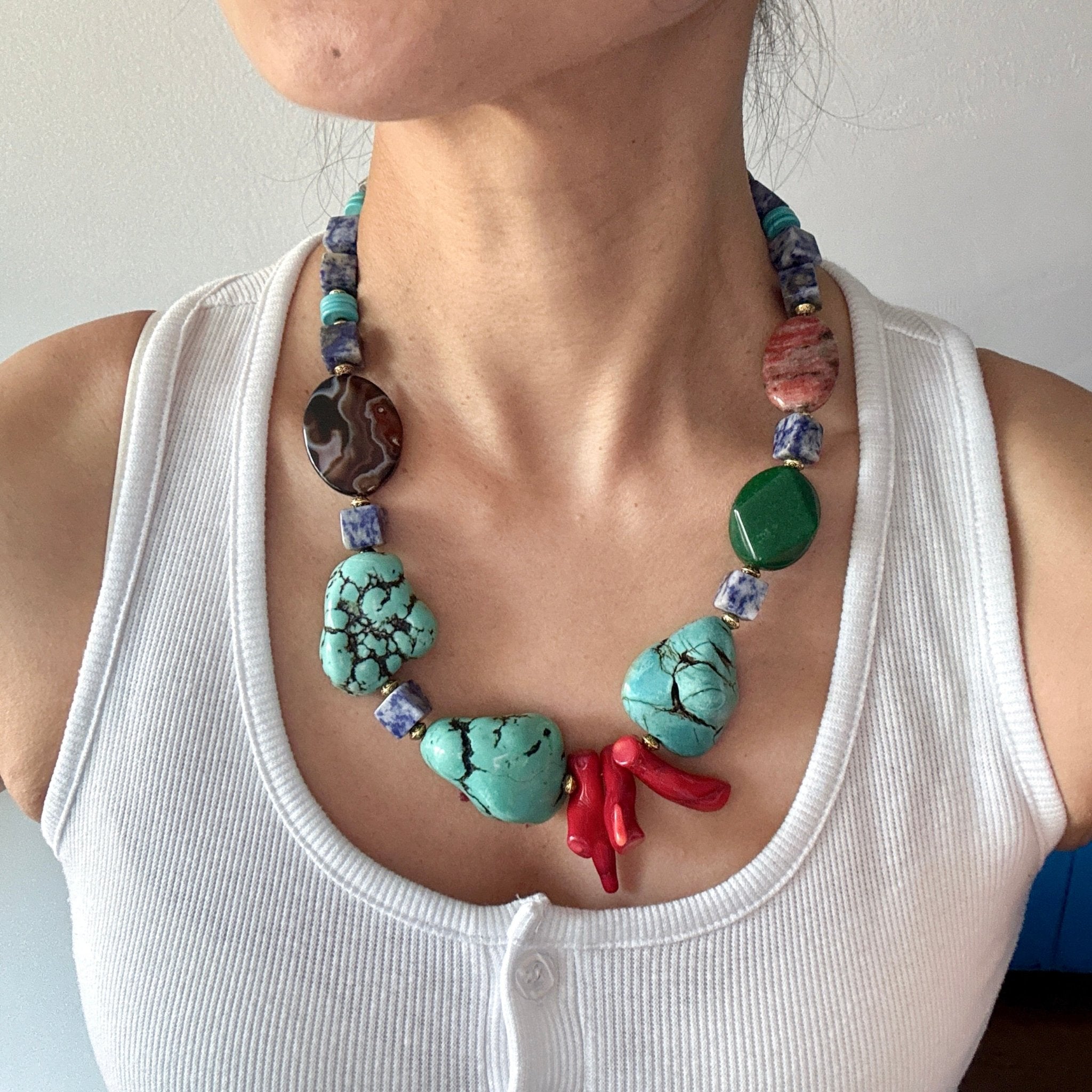 Model wearing Desert Flower Turquoise & Lapis Lazuli Necklace