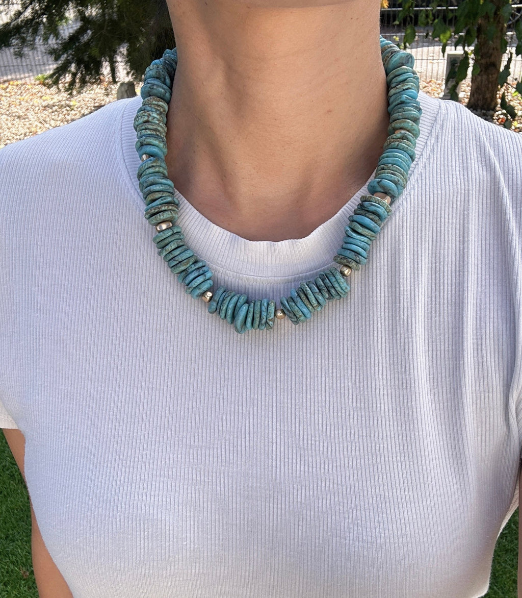 Model wearing Desert Sky Turquoise Disc Bead Necklace