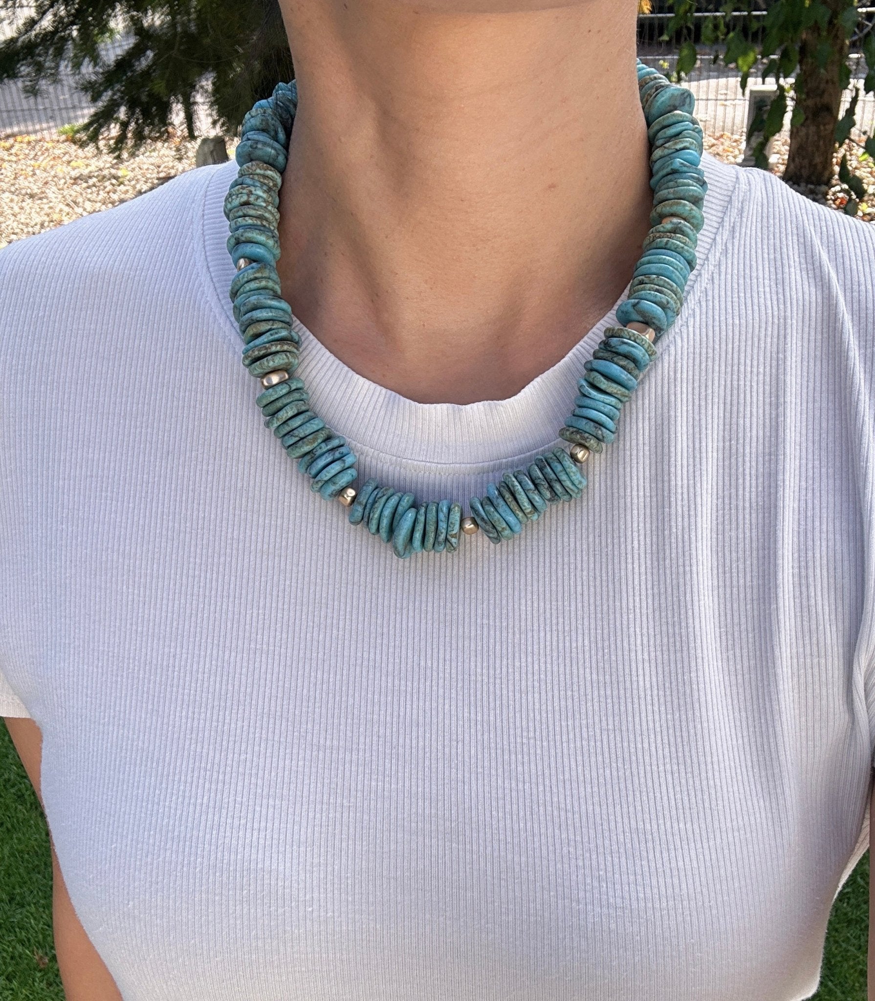 Model wearing Desert Sky Turquoise Disc Bead Necklace
