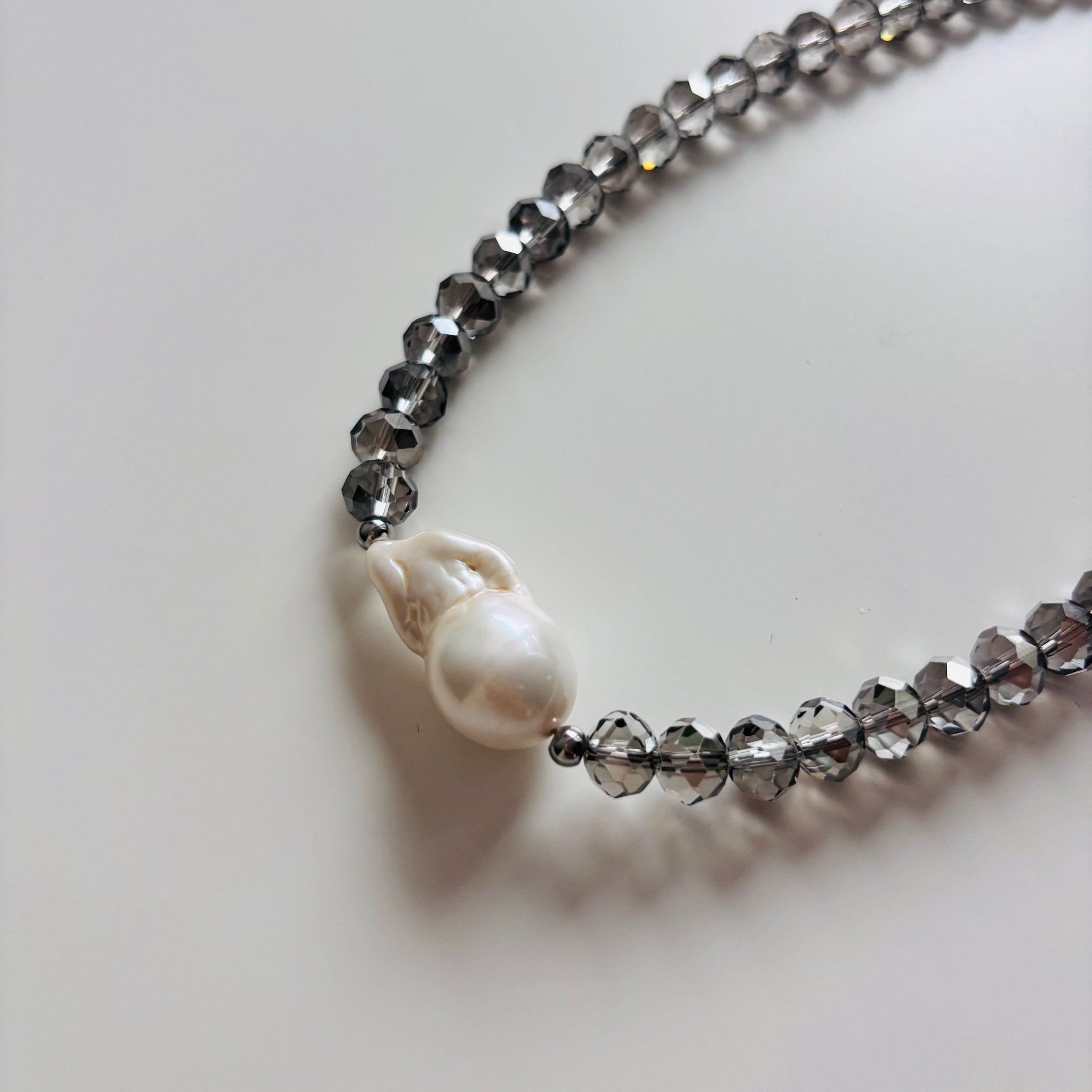Detail of Dusk Silver Gray Glass Bead with Baroque Pearl Necklace