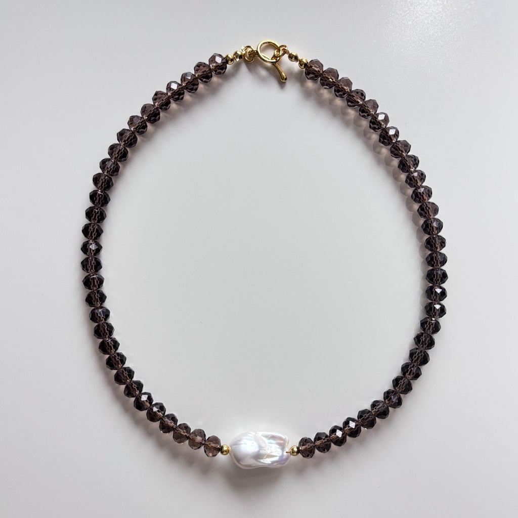 Dusk Smoky Brown Glass Bead with Baroque Pearl Necklace