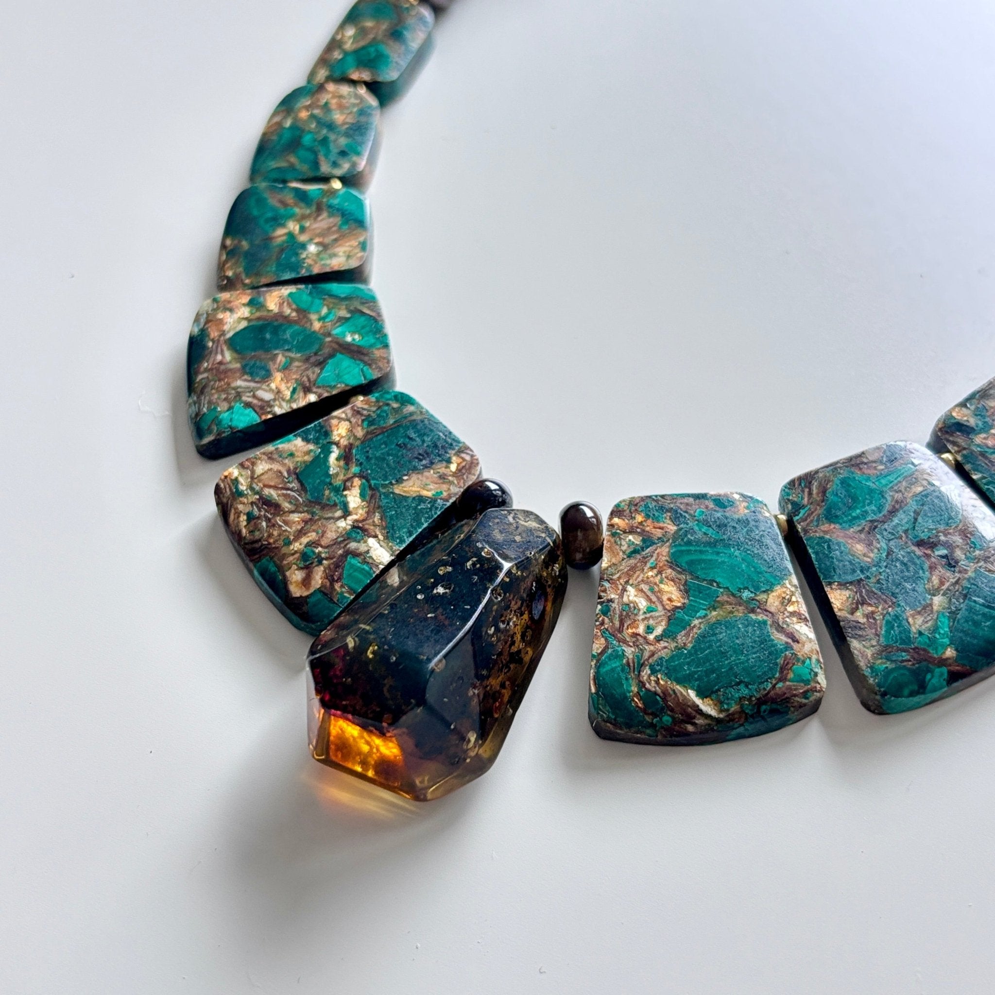 Detail of Earth Flame Chrysocolla & Amber Necklace